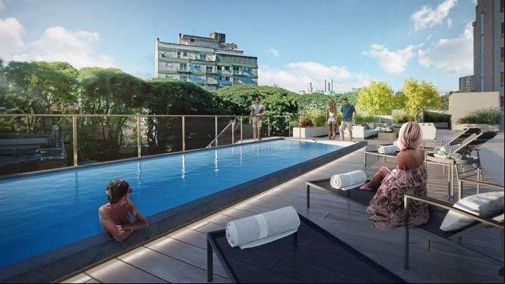 Entre los amenities ubicados en el último nivel se destacan el solarium, la piscina, las parrillas y el SUM.