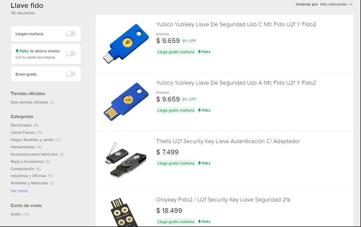 Las llaves FIDO se consiguen en Mercado Libre. Foto Mercado Libre