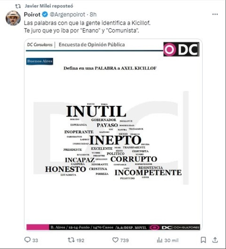 El reposteo de Milei, con la nube de palabras sobre Axel Kicillof que forma parte de la encuesta de DC.
