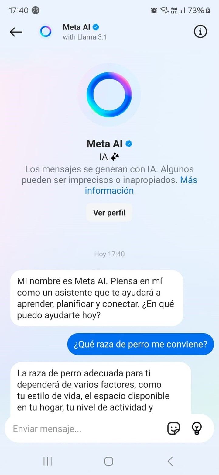 Meta AI está disponible desde los mensajes privados de Instagram.