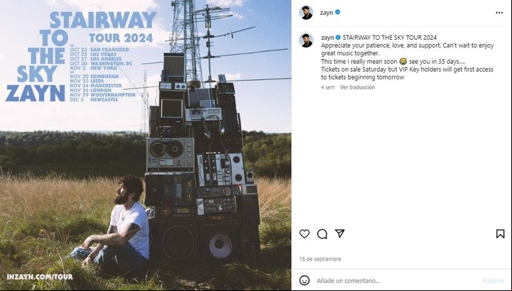 Zayn Malik anunció las 11 fechas de su primera gira solista pero pospuso las cinco fechas de Estados Unidos tras la muerte de Liam Payne. | Foto: Instagram