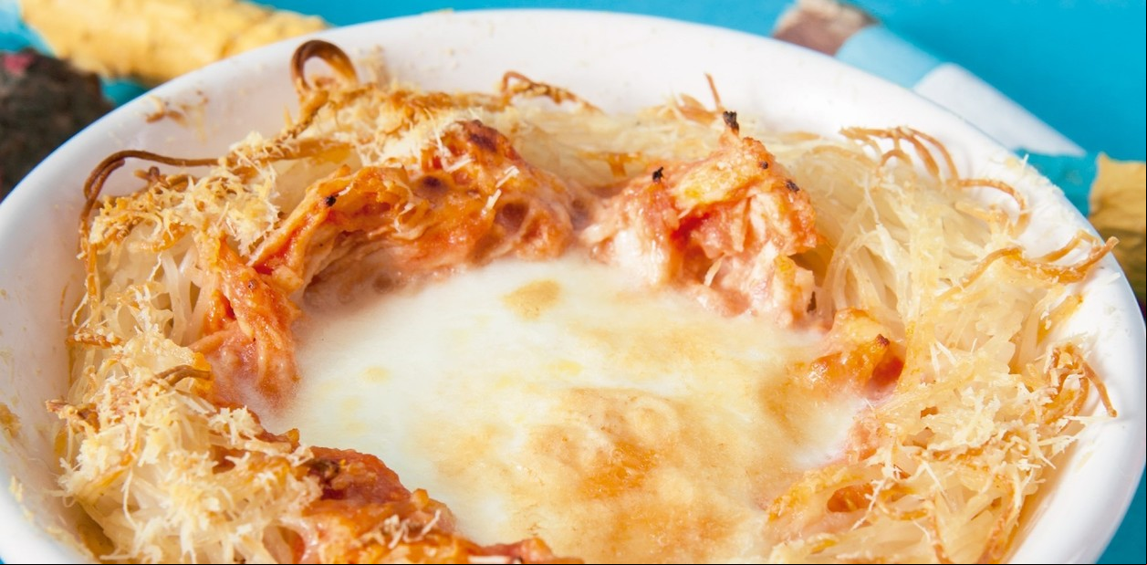 Receta de Nido de cabello de ángel con estofado de pollo y huevo