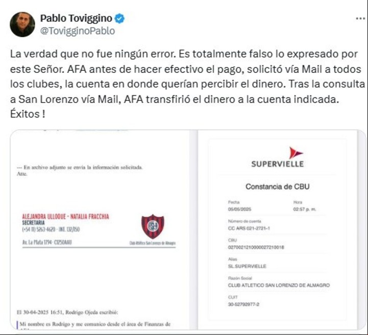 El tuit de Pablo Toviggino que contradice a Lopardo.