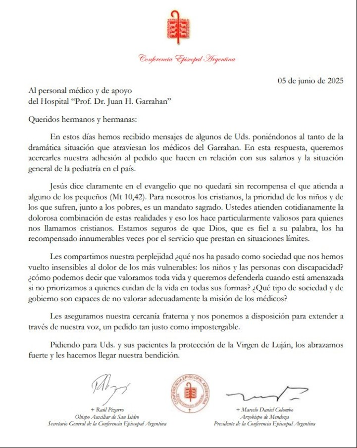 La carta de la Conferencia Episcopal en respaldo a los trabajadores del Hospital Garrahan.